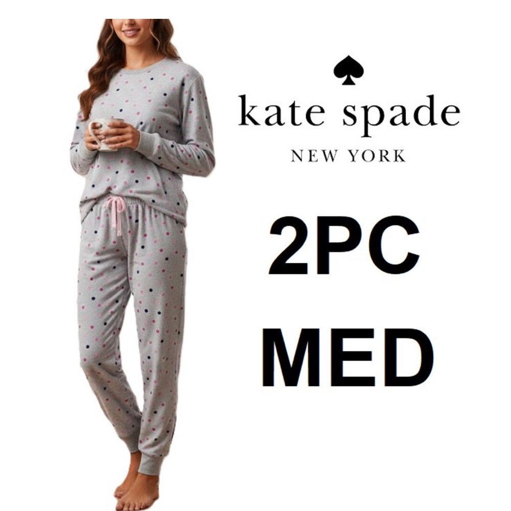 Kate Spade Super Soft Polka Dot Pajama Set 2PC Grey Pink Blue Size Medium NWT